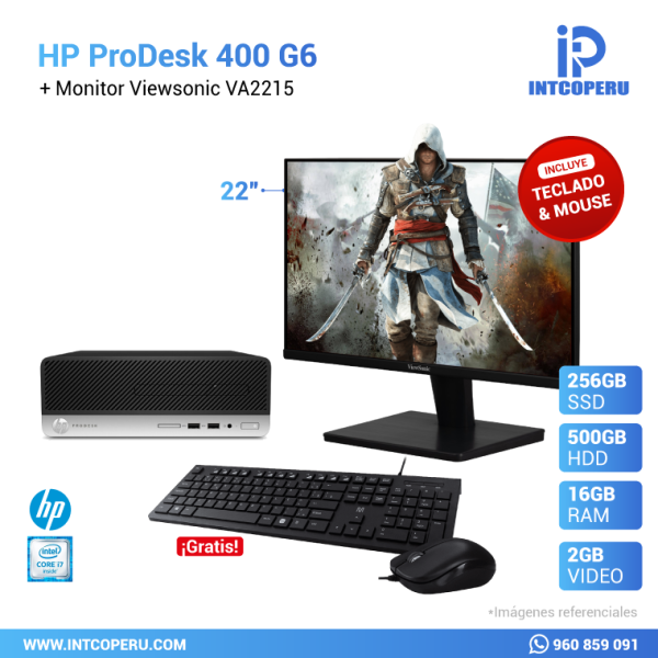 Combo PC - HP ProDesk 400 G6 - Intel Core i5 9na Gen - RAM 16GB - SSD 512GB M.2 - HDD 500GB Mecánico + Monitor ViewSonic 22" VA2215