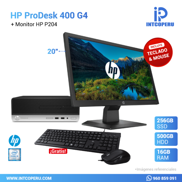 Combo PC - HP 400 G4 - Intel Core i5 8va Gen - RAM 16GB - HDD 500GB Mecánico - SSD 240GB + Monitor HP 19.5" P204