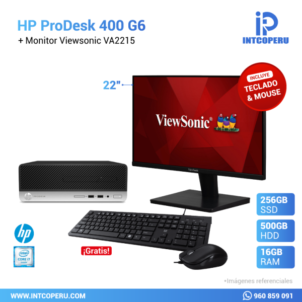 Combo PC - HP ProDesk 400 G6 - Intel Core i7 8va Gen - RAM 16GB - HDD 500GB Mecánico - SSD 240GB + Monitor ViewSonic 22" VA2215