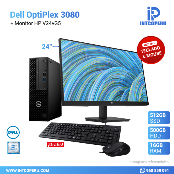 Combo PC - Dell Optiplex 3080 - Intel Core i5 10ma Gen - RAM 16GB - SSD 512GB M.2 - HDD 500GB Mecánico + Monitor HP 24" V24vG5