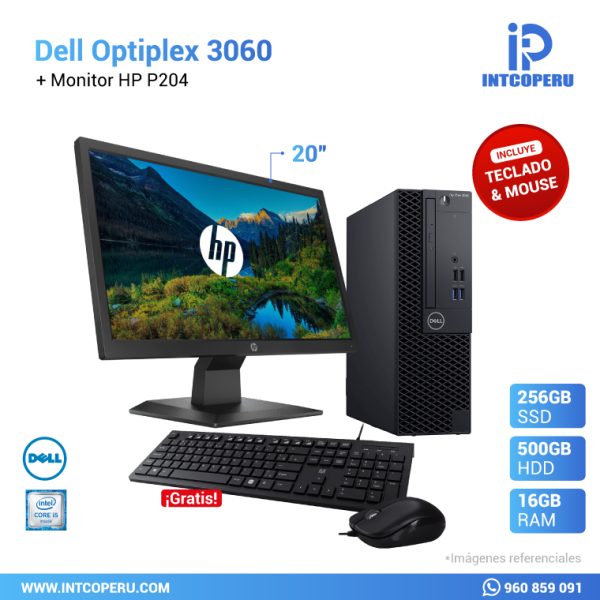 Combo PC - Dell Optiplex 3060 - Intel Core i5 8va Gen - RAM 16GB - HDD 500GB Mecánico - SSD 240GB + Monitor HP 19.5" P204