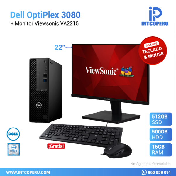 Combo PC - Dell Optiplex 3080 - Intel Core i5 10ma Gen - RAM 16GB - SSD 512GB M.2 - HDD 500GB Mecánico + Monitor ViewSonic 22" VA2215