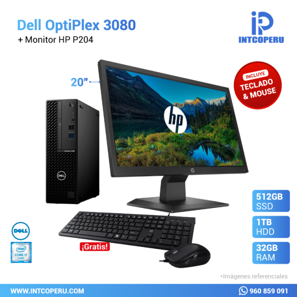 Combo PC - Dell Optiplex 3080 - Intel Core i7 10ma Gen - RAM 32GB - SSD 512GB M.2 - HDD 1TB Mecánico + Monitor HP 19.5" P204