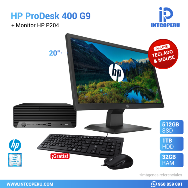 Combo PC - HP ProDesk 400 G9 - Intel Core i7 10ma Gen - RAM 32GB - SSD 512GB M.2 - HDD 1TB Mecánico + Monitor HP 19.5" P204