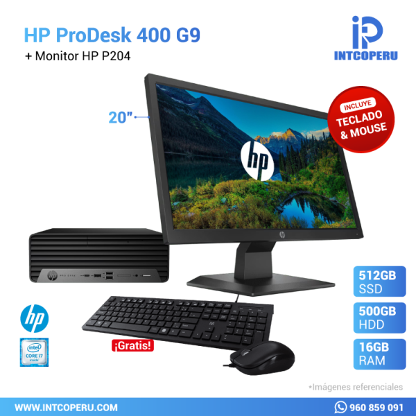 Combo PC - HP Pro SFF 400 G9 - Intel Core i7 12va Gen - RAM 16GB - SSD 512GB M.2 + Monitor HP 19.5" P204