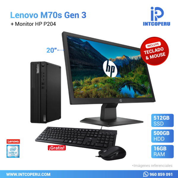 Combo PC - Lenovo M70s Gen 3 - Intel Core i7 12va Gen - RAM 16GB - SSD 512GB M.2 + Monitor HP 19.5" P204