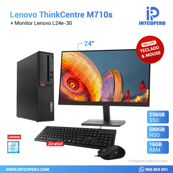 Combo PC - Lenovo Thinkcentre M710s - Intel Core i7 7ma Gen - RAM 16GB - HDD 500GB Mecánico - SSD 240GB + Monitor Lenovo L24e-30 23.8"