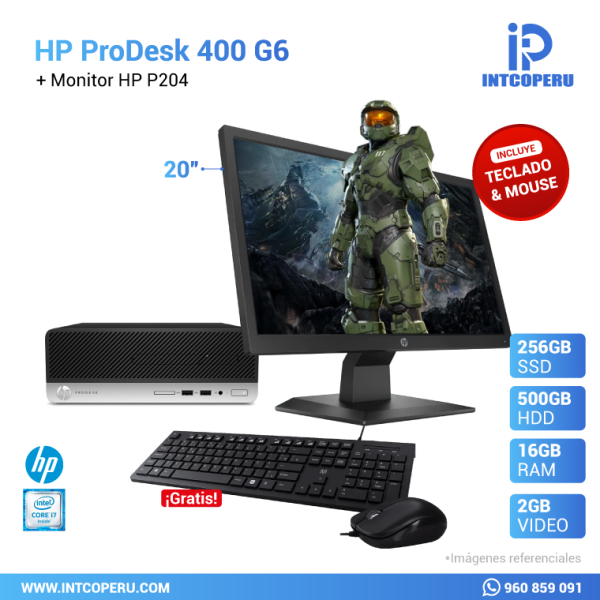 Combo PC - HP ProDesk SFF 400 G6 - Intel Core i7 7ma Gen - RAM 16GB - HDD 500GB Mecánico - SSD 240GB - 2GB Tarjeta de Video + Monitor HP 19.5" P204